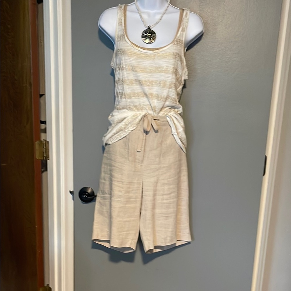 Eileen Fisher Tan long shorts with Drawstring Waist with side and a back pocket.